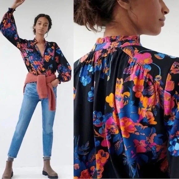 Maeve Anthropologie Colette Peasant Black Vibrant Floral Blouse Bohemian M - Picture 1 of 12